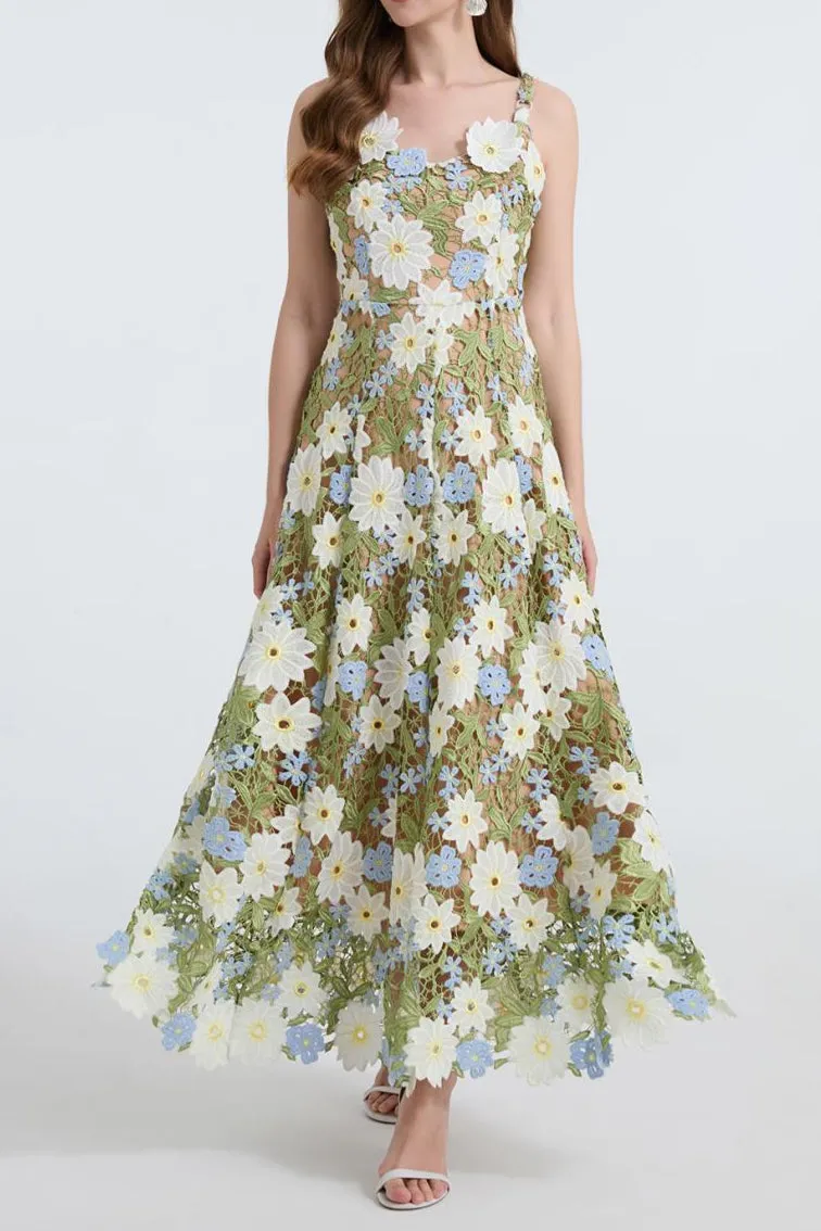 celeste floral hollow stitching maxi dress in green Gloria Lanvin