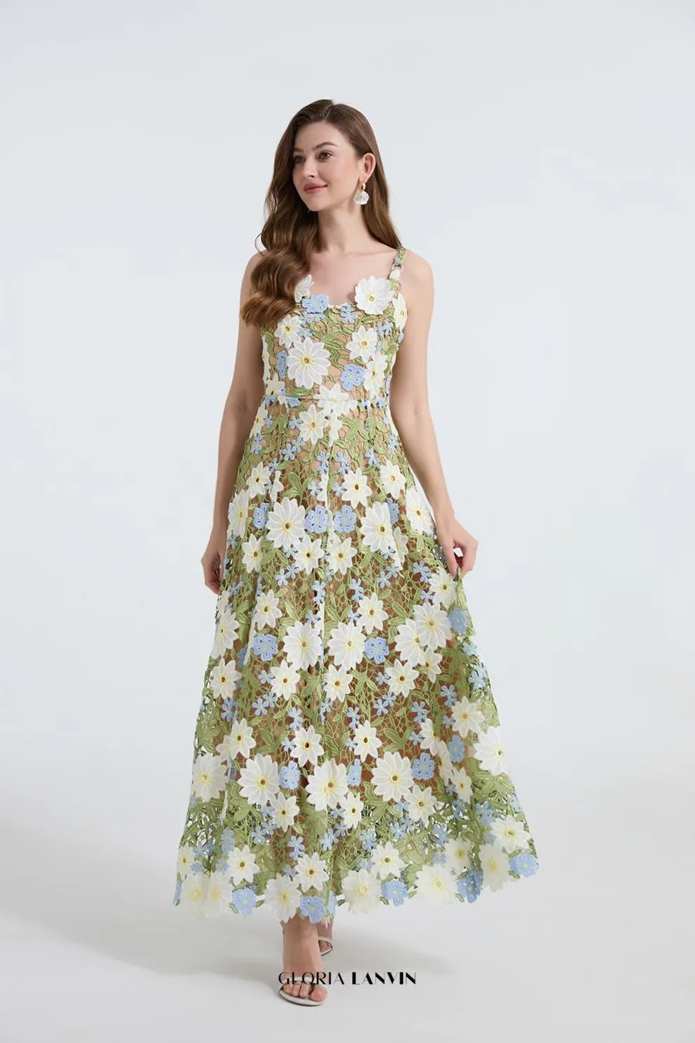 celeste floral hollow stitching maxi dress in green Gloria Lanvin