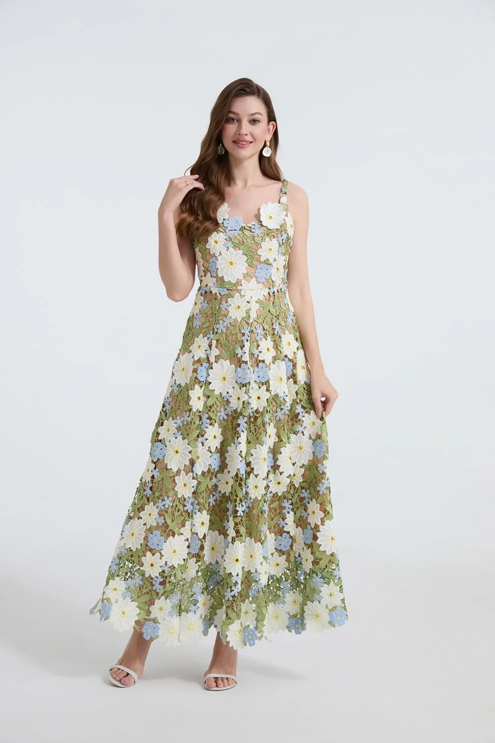 celeste floral hollow stitching maxi dress in green Gloria Lanvin