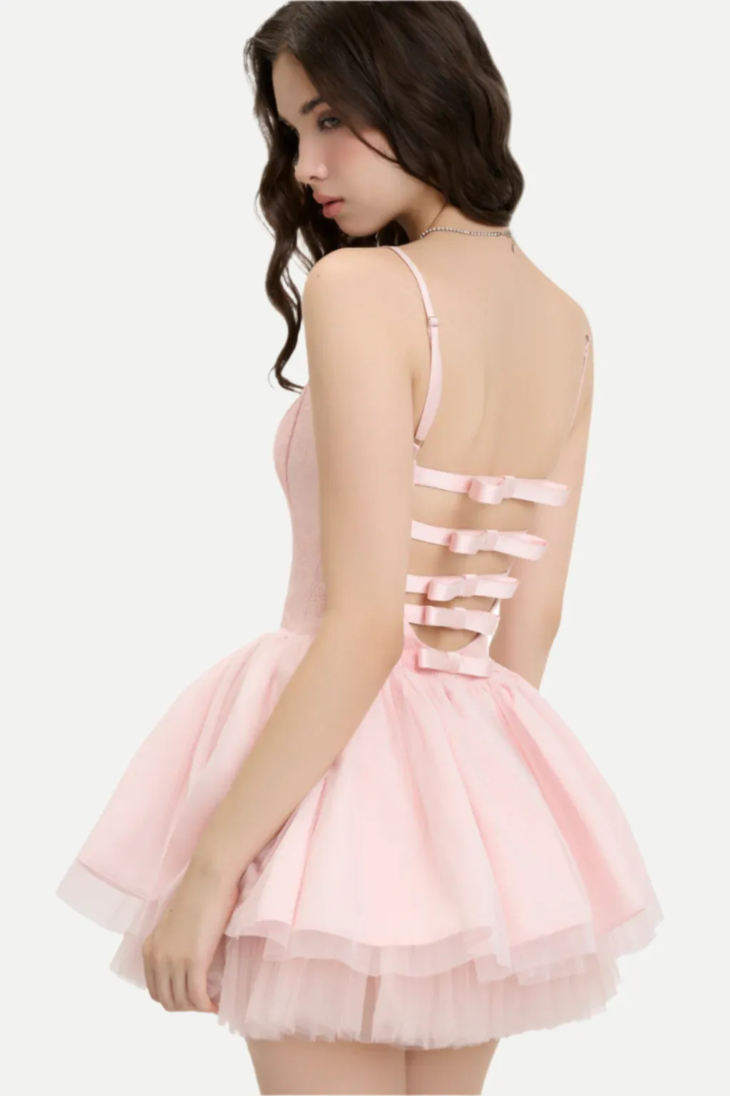 celeste lace bowknot backless mini dress in pink Gloria Lanvin