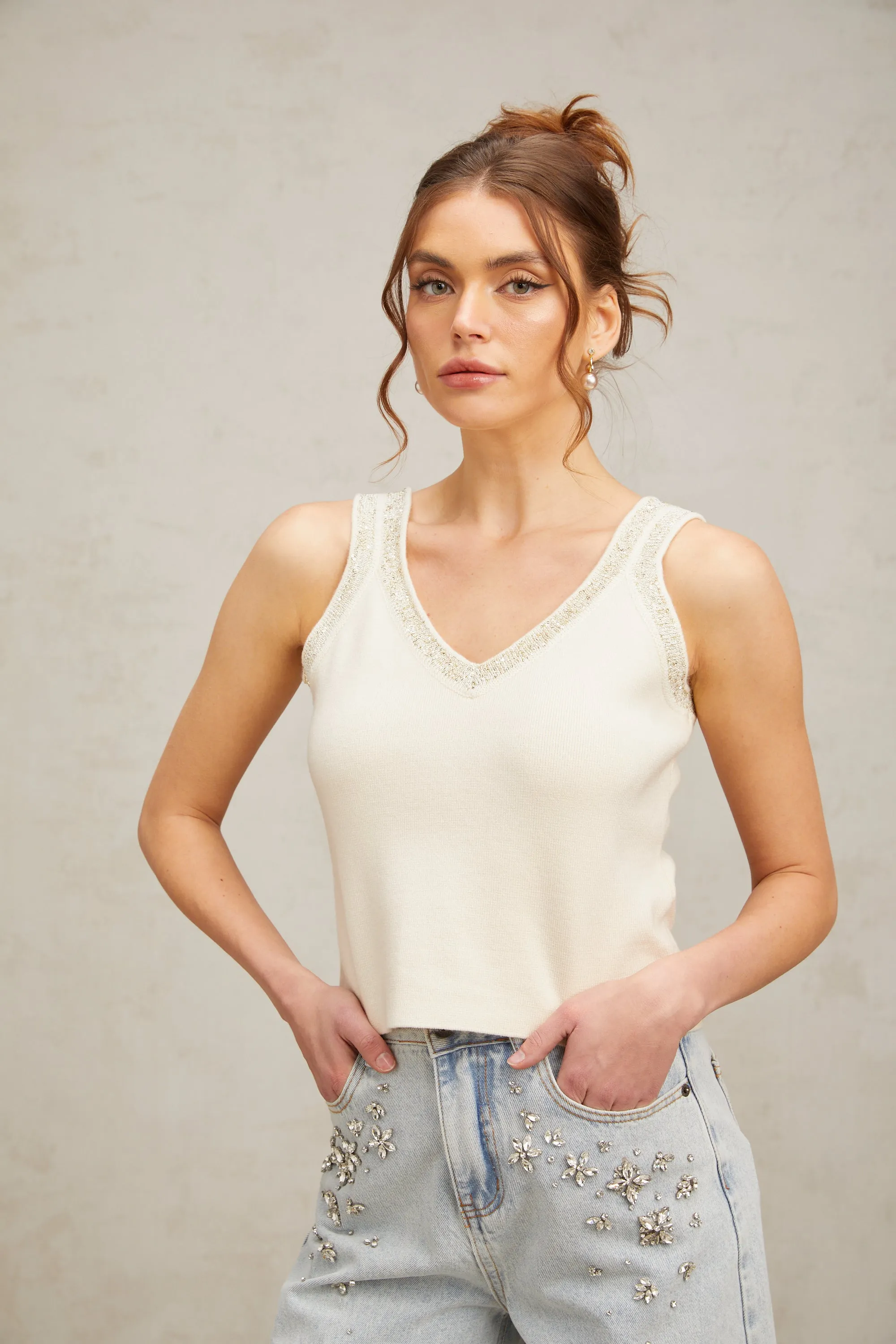 Celia white sequined fine-knit cropped top Gloria Lanvin