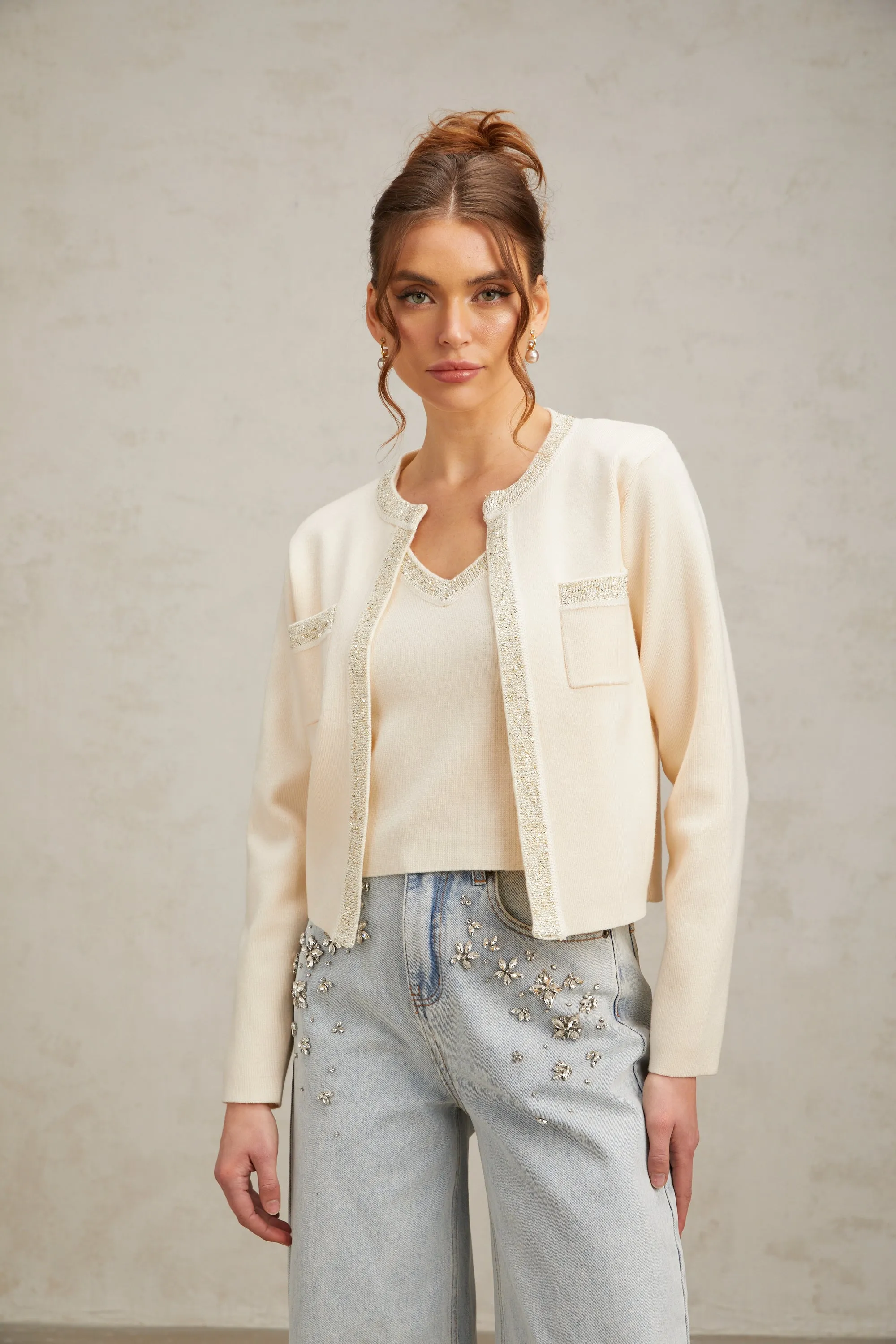 Celia white sequined fine-knit cropped top Gloria Lanvin