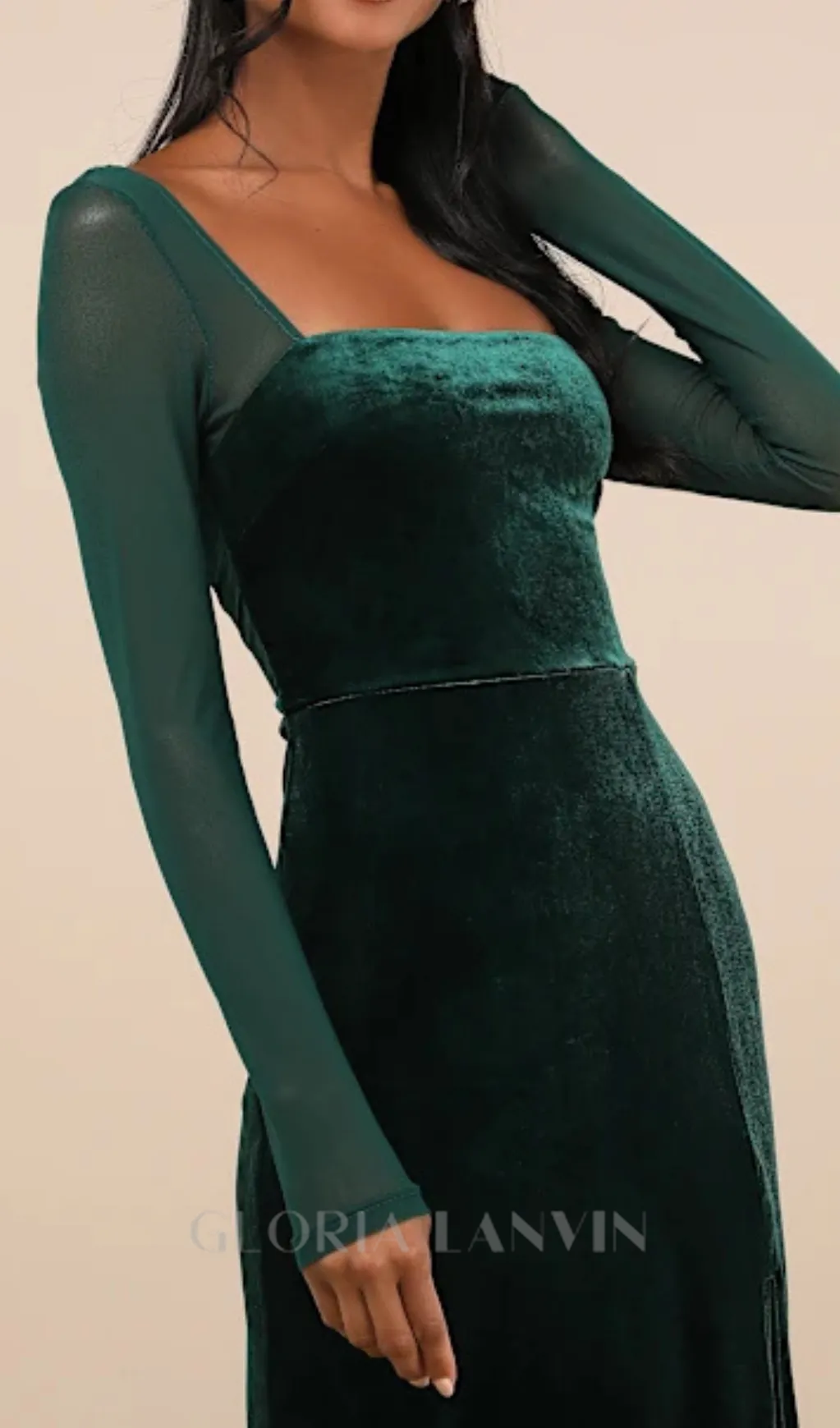 certifiably emerald velvet mesh long sleeve maxi dress Gloria Lanvin