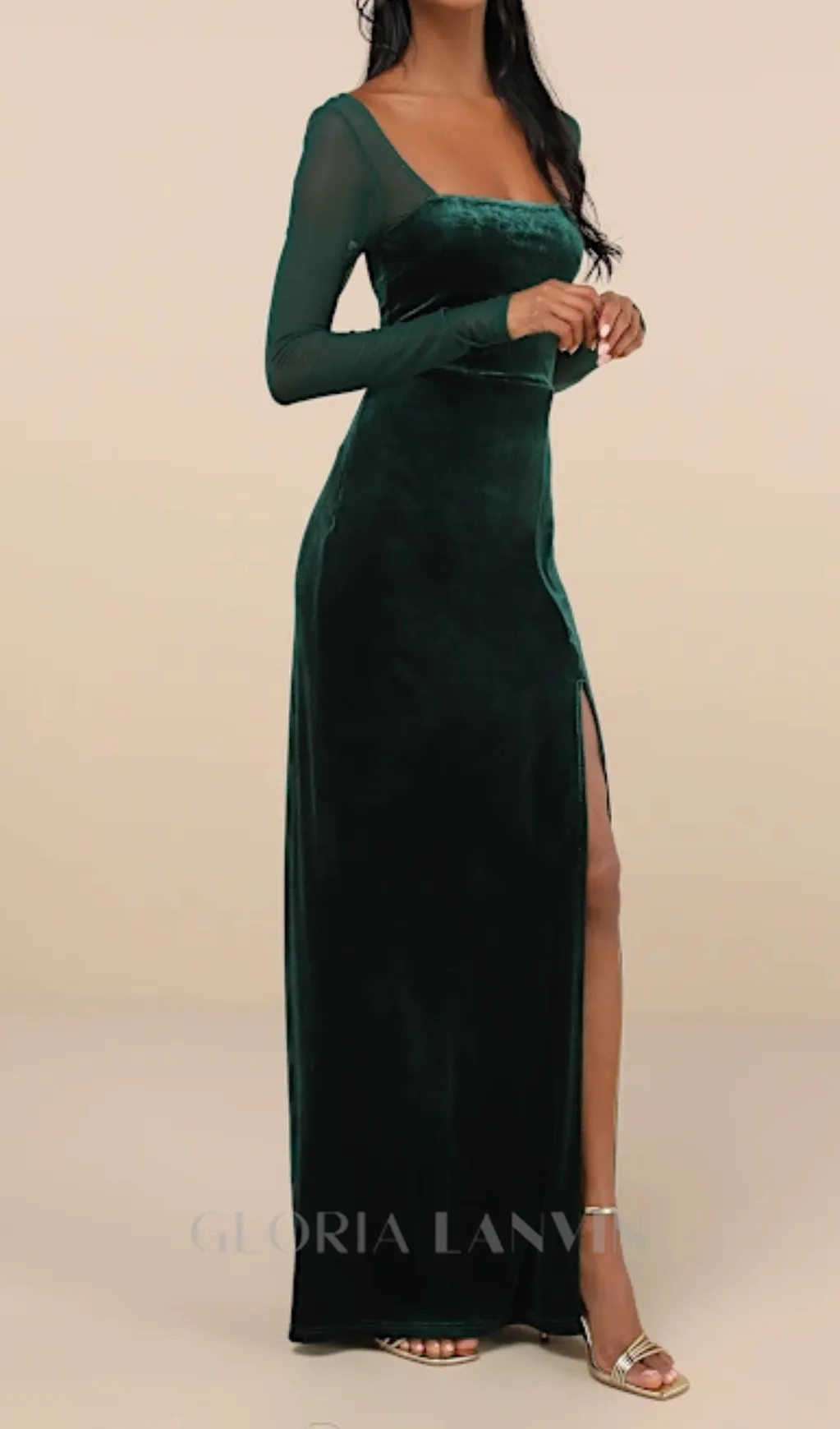 certifiably emerald velvet mesh long sleeve maxi dress Gloria Lanvin