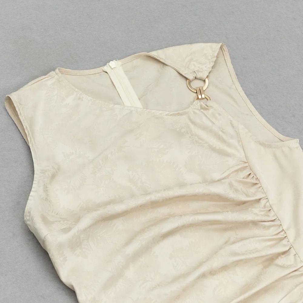 CHAMPAGNE RUCHED JACQUARD SLEEVELESS MIDI DRESS Gloria Lanvin