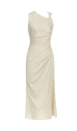 CHAMPAGNE RUCHED JACQUARD SLEEVELESS MIDI DRESS Gloria Lanvin