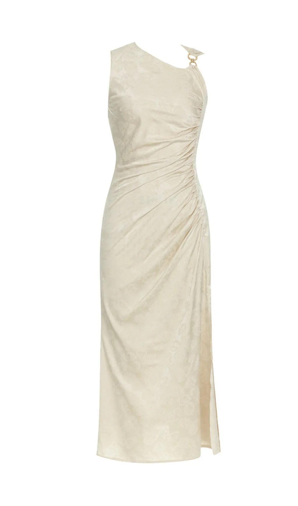 CHAMPAGNE RUCHED JACQUARD SLEEVELESS MIDI DRESS Gloria Lanvin