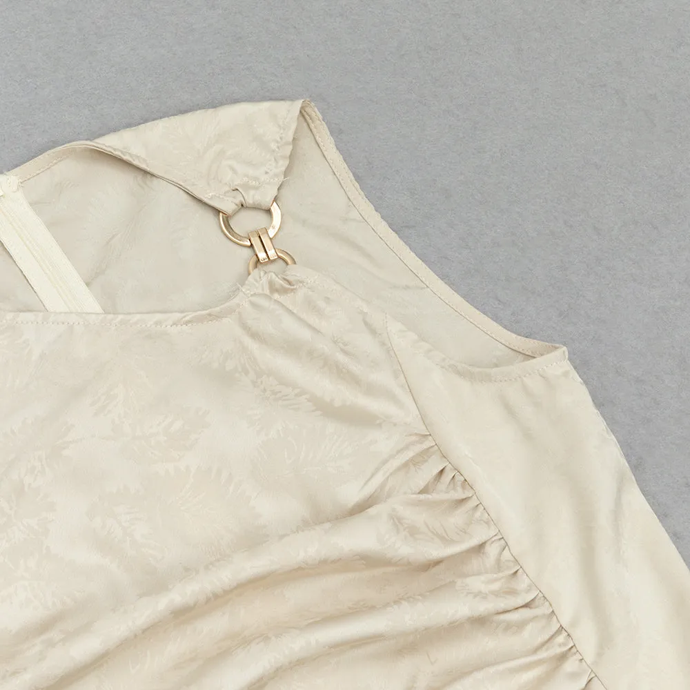CHAMPAGNE RUCHED JACQUARD SLEEVELESS MIDI DRESS Gloria Lanvin
