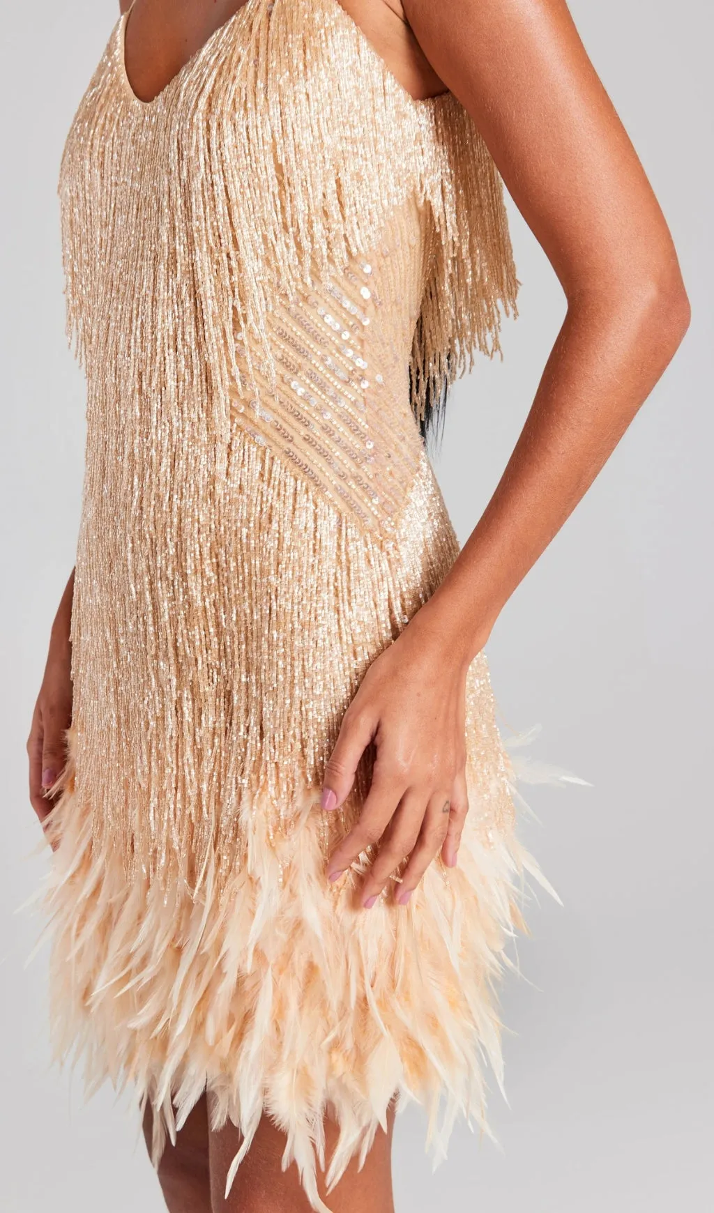 CHAMPAGNE TASSEL FEATHER MINI DRESS Gloria Lanvin