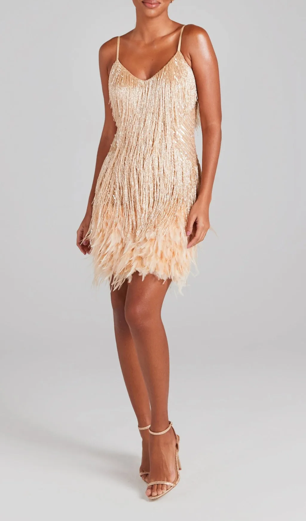 CHAMPAGNE TASSEL FEATHER MINI DRESS Gloria Lanvin