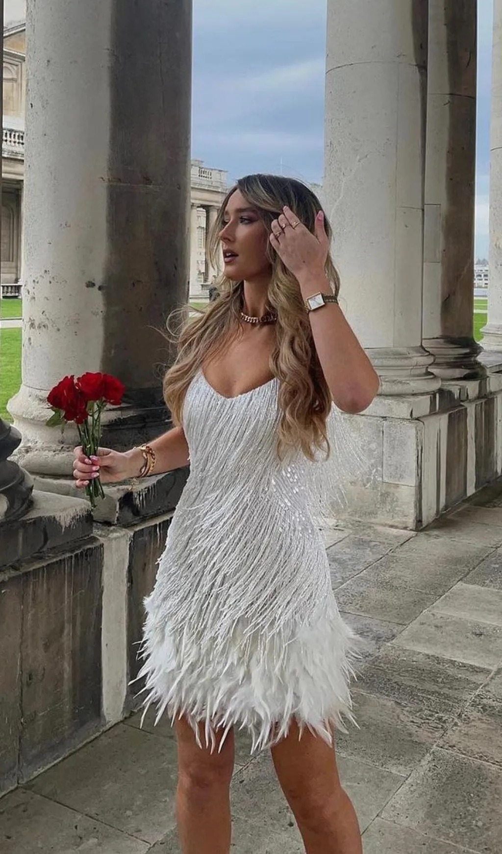 CHAMPAGNE TASSEL FEATHER MINI DRESS Gloria Lanvin