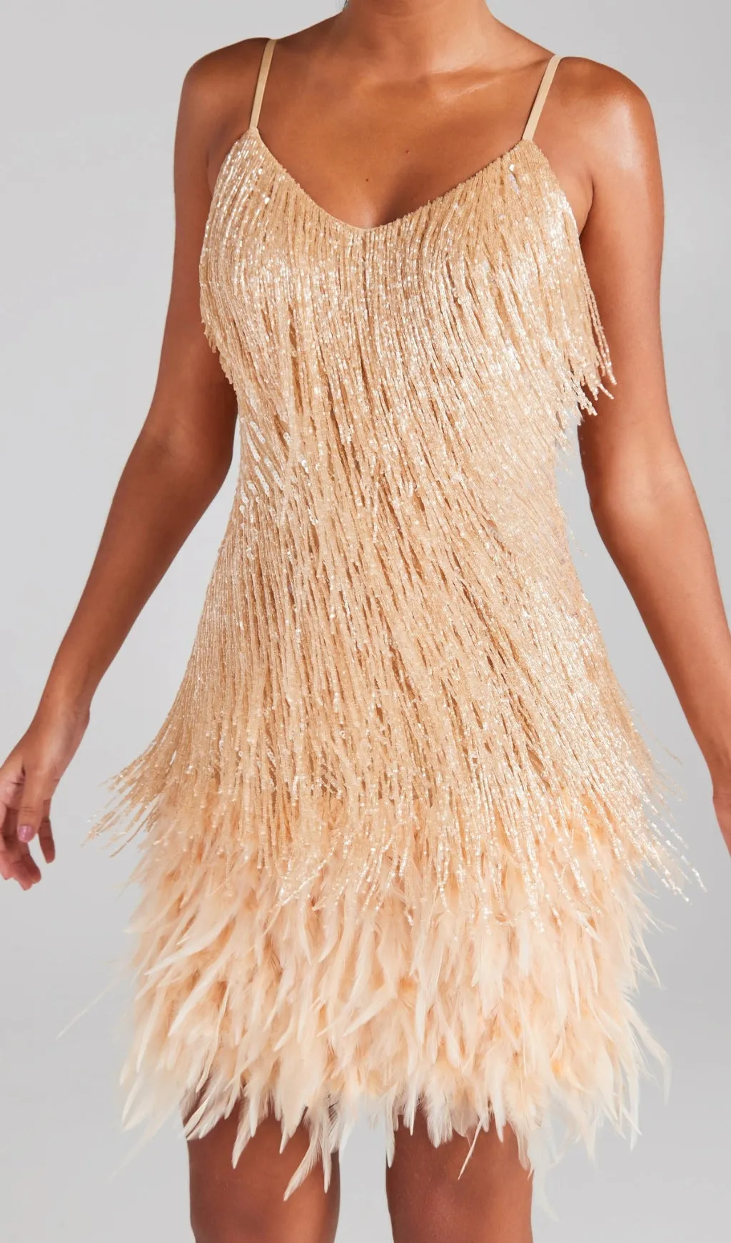 CHAMPAGNE TASSEL FEATHER MINI DRESS Gloria Lanvin