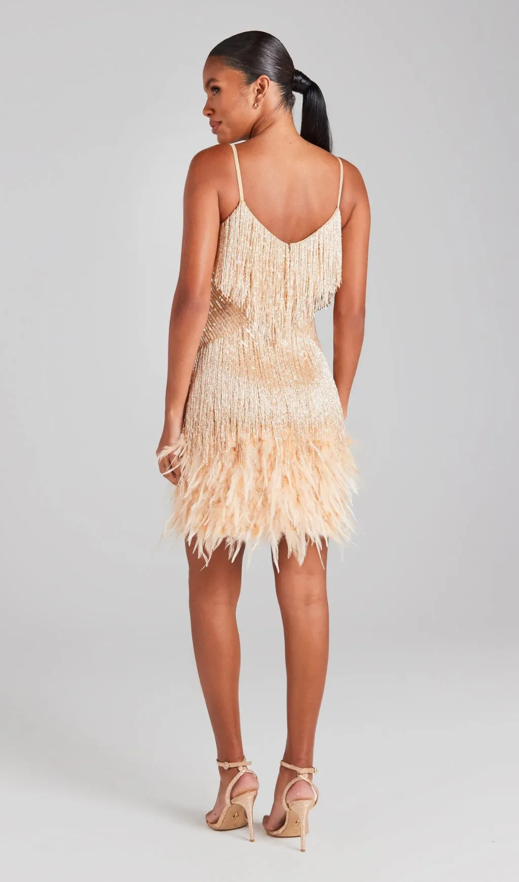CHAMPAGNE TASSEL FEATHER MINI DRESS Gloria Lanvin