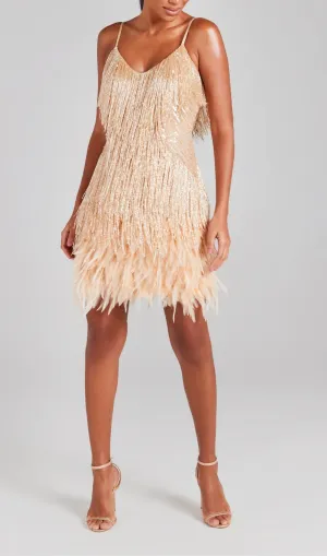 CHAMPAGNE TASSEL FEATHER MINI DRESS Gloria Lanvin