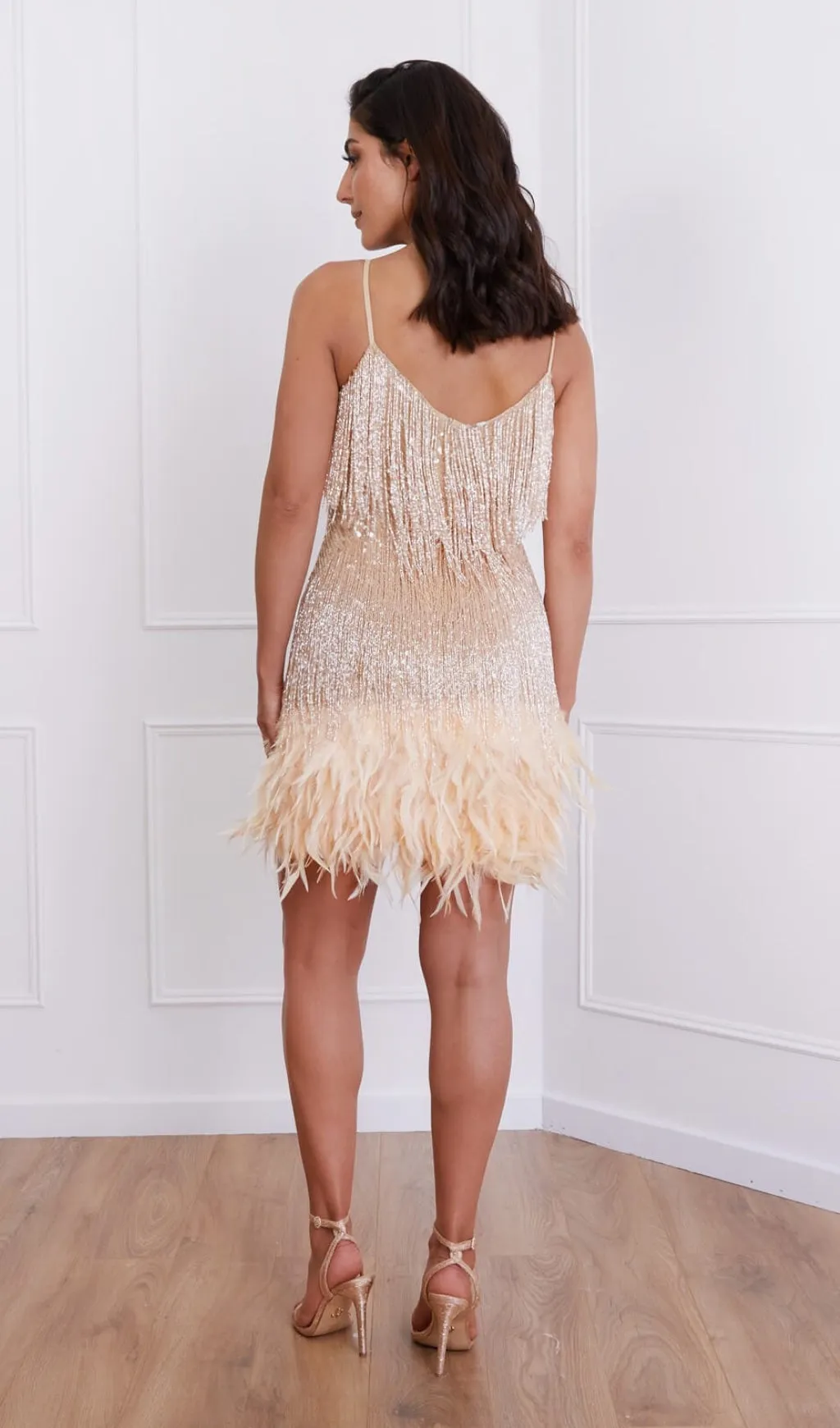 CHAMPAGNE TASSEL FEATHER MINI DRESS Gloria Lanvin