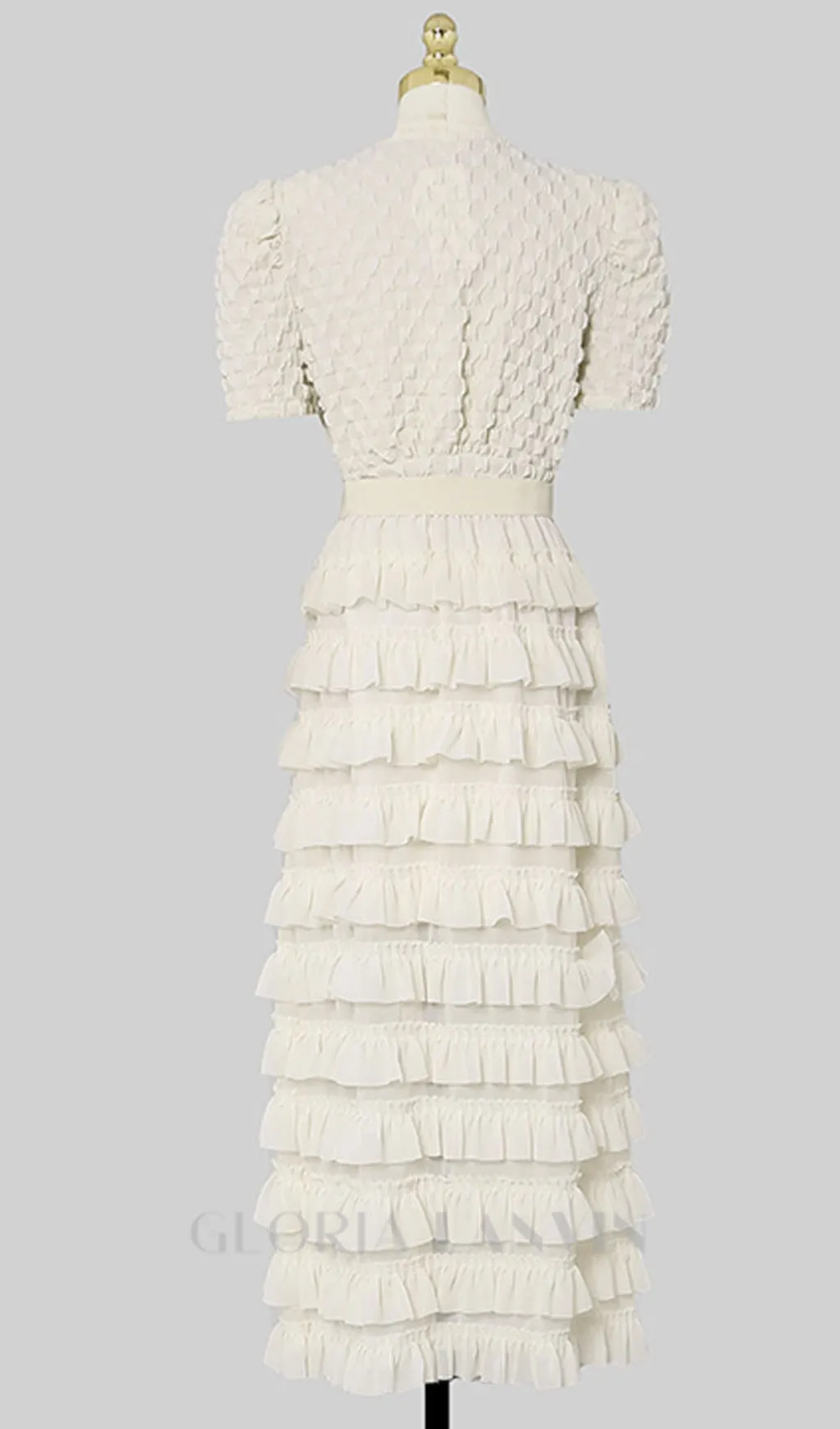 CHARLOTTE APRICOT PUFF SLEEVE RUFFLES CHIFFON MIDI DRESS Gloria Lanvin