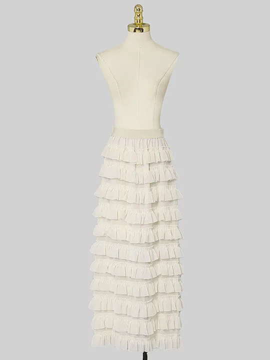 CHARLOTTE APRICOT PUFF SLEEVE RUFFLES CHIFFON MIDI DRESS Gloria Lanvin