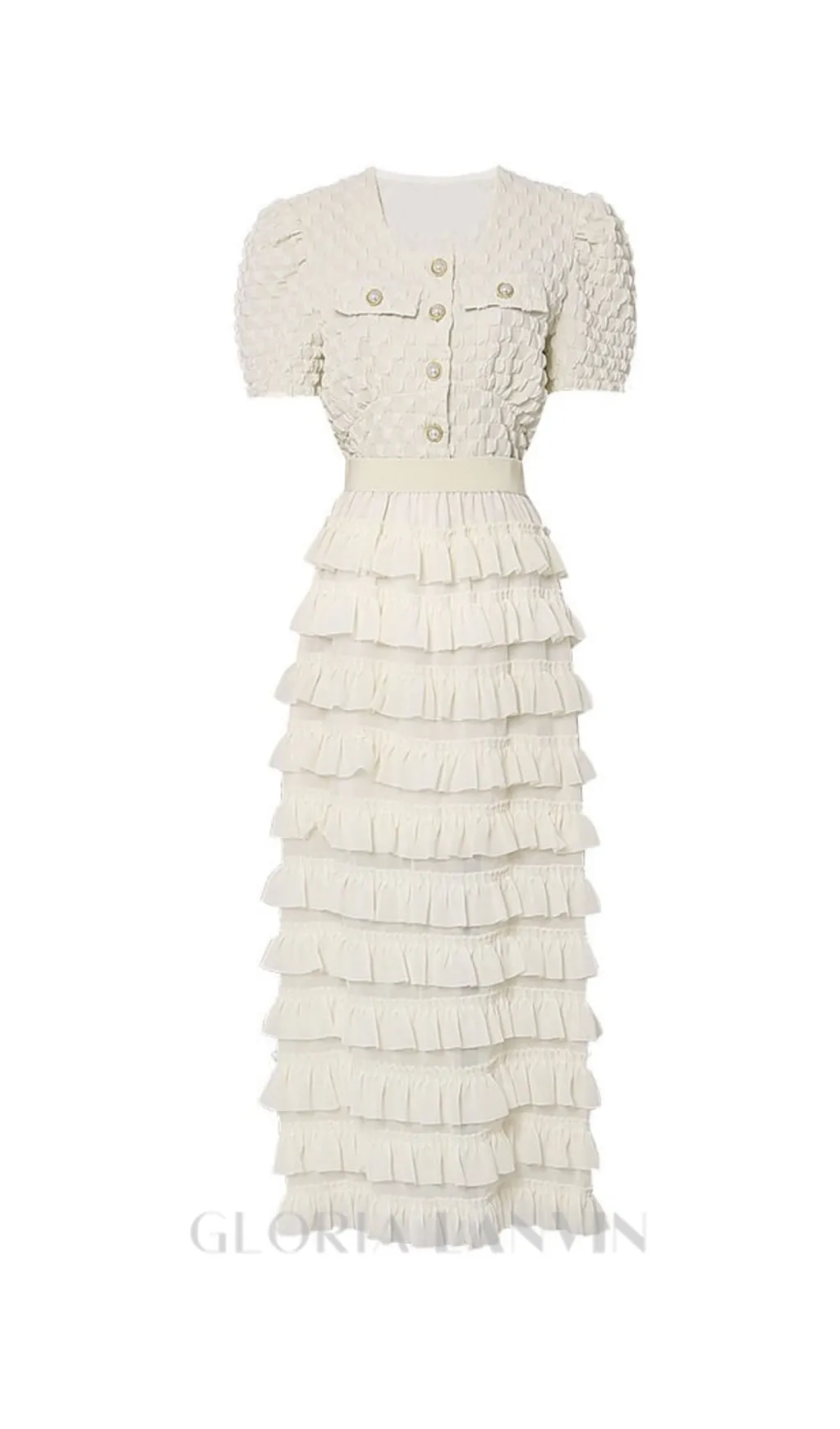 CHARLOTTE APRICOT PUFF SLEEVE RUFFLES CHIFFON MIDI DRESS Gloria Lanvin