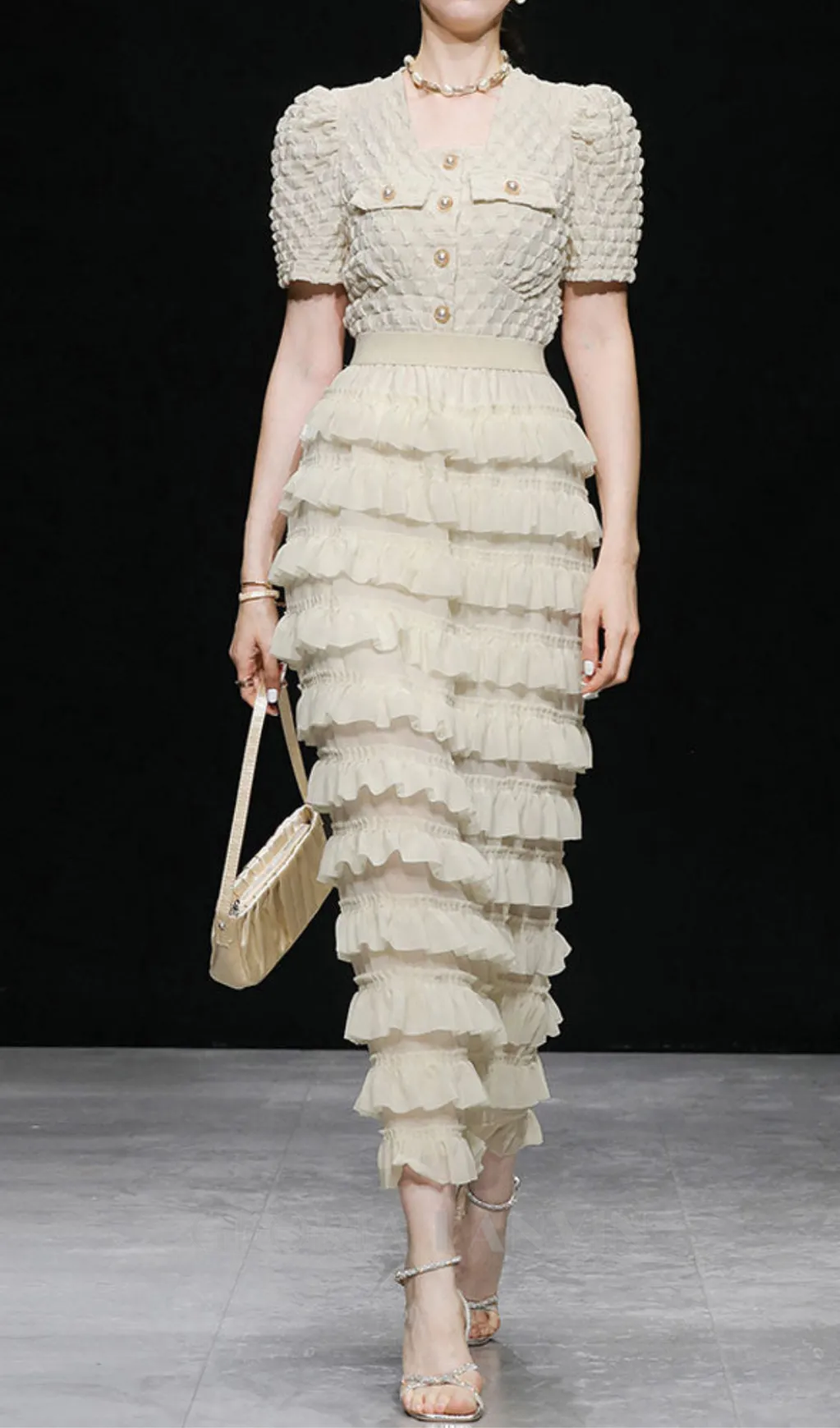 CHARLOTTE APRICOT PUFF SLEEVE RUFFLES CHIFFON MIDI DRESS Gloria Lanvin