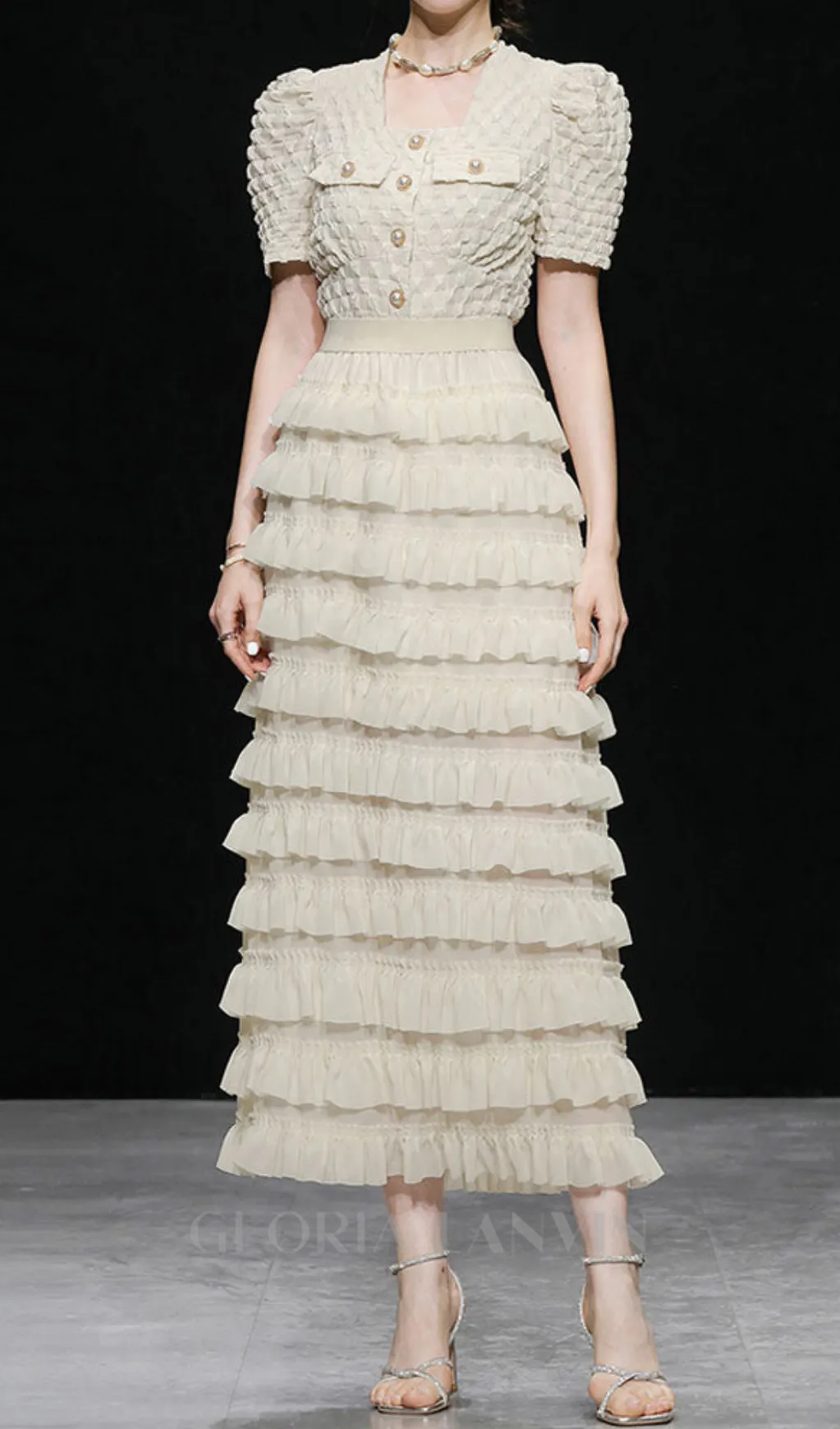 CHARLOTTE APRICOT PUFF SLEEVE RUFFLES CHIFFON MIDI DRESS Gloria Lanvin