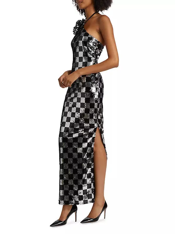 checkerboard sequin halter gown with flower Gloria Lanvin
