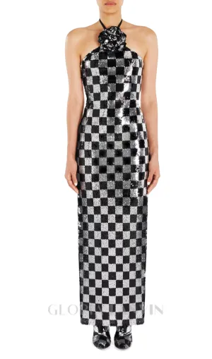 checkerboard sequin halter gown with flower Gloria Lanvin