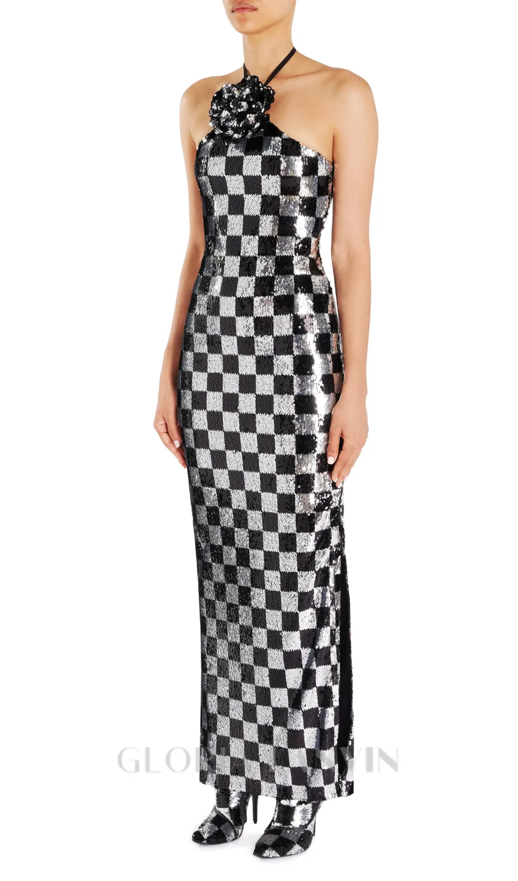 checkerboard sequin halter gown with flower Gloria Lanvin