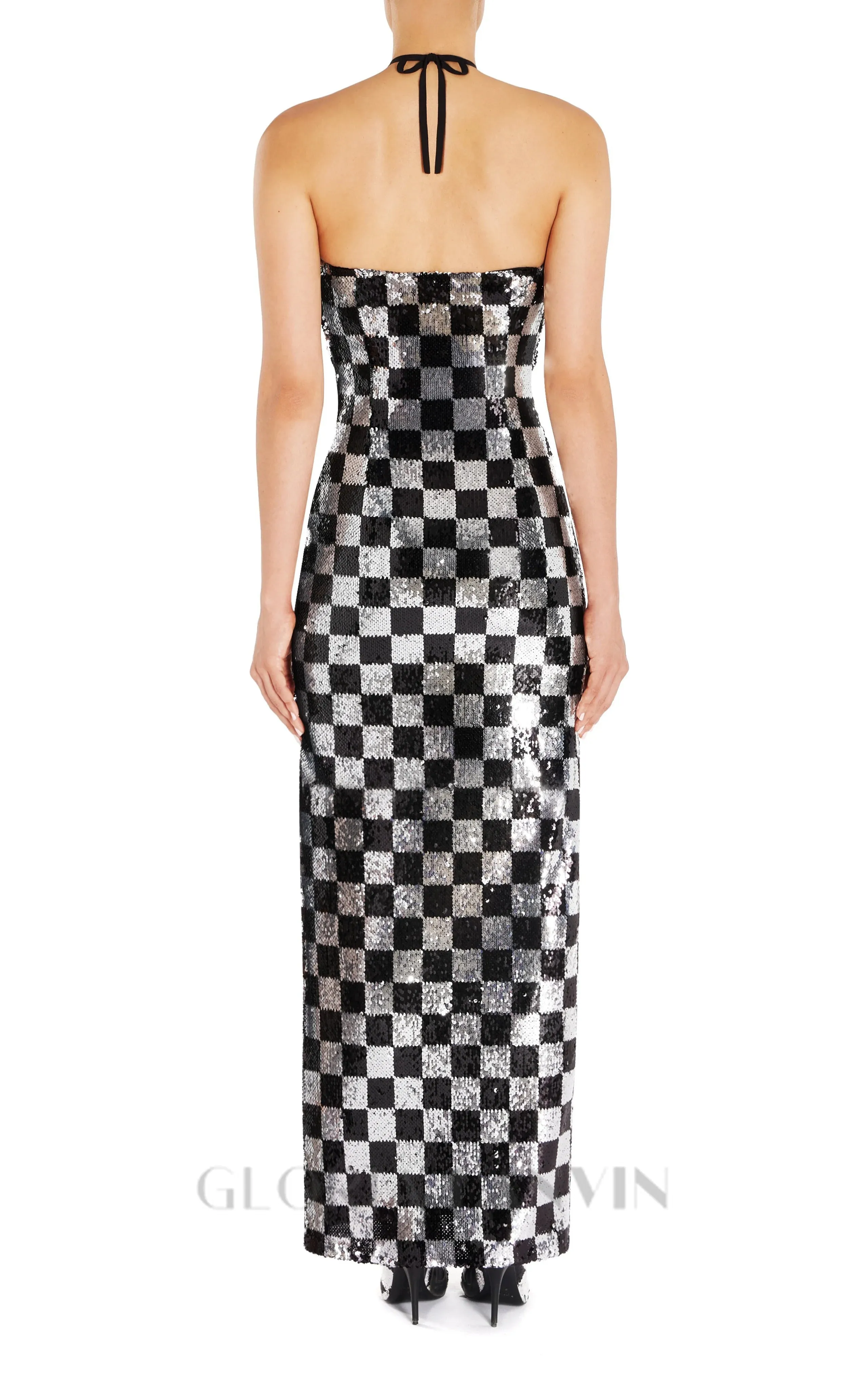 checkerboard sequin halter gown with flower Gloria Lanvin
