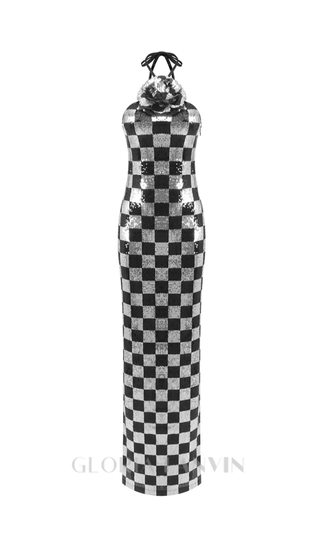 checkerboard sequin halter gown with flower Gloria Lanvin
