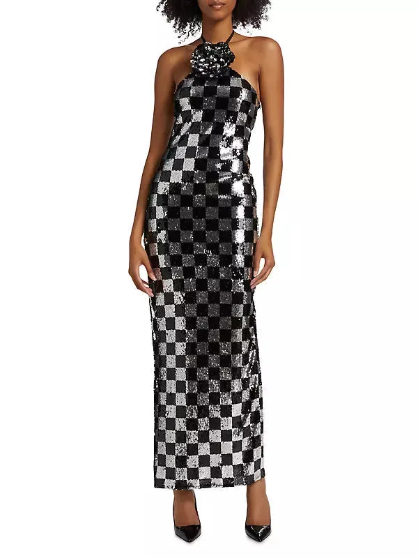 checkerboard sequin halter gown with flower Gloria Lanvin