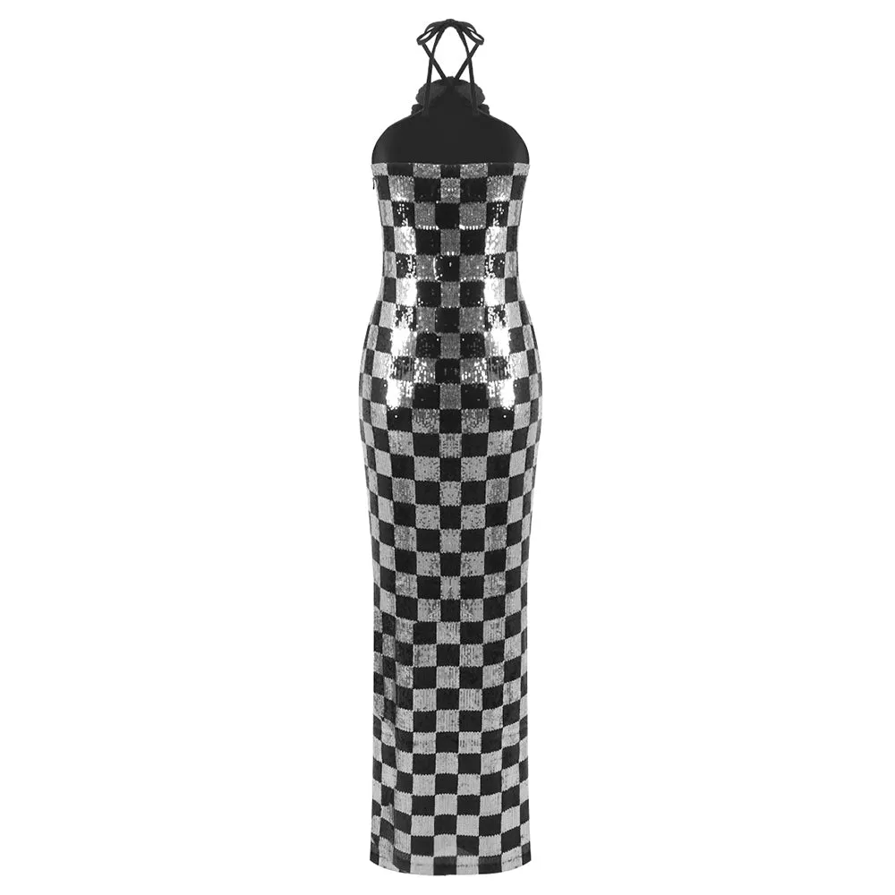 checkerboard sequin halter gown with flower Gloria Lanvin