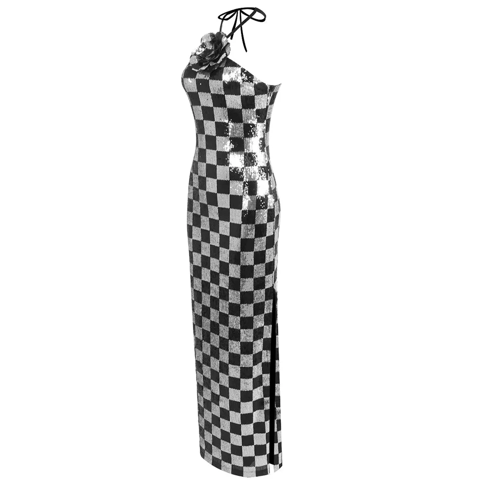 checkerboard sequin halter gown with flower Gloria Lanvin