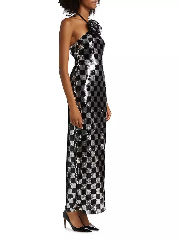 checkerboard sequin halter gown with flower Gloria Lanvin