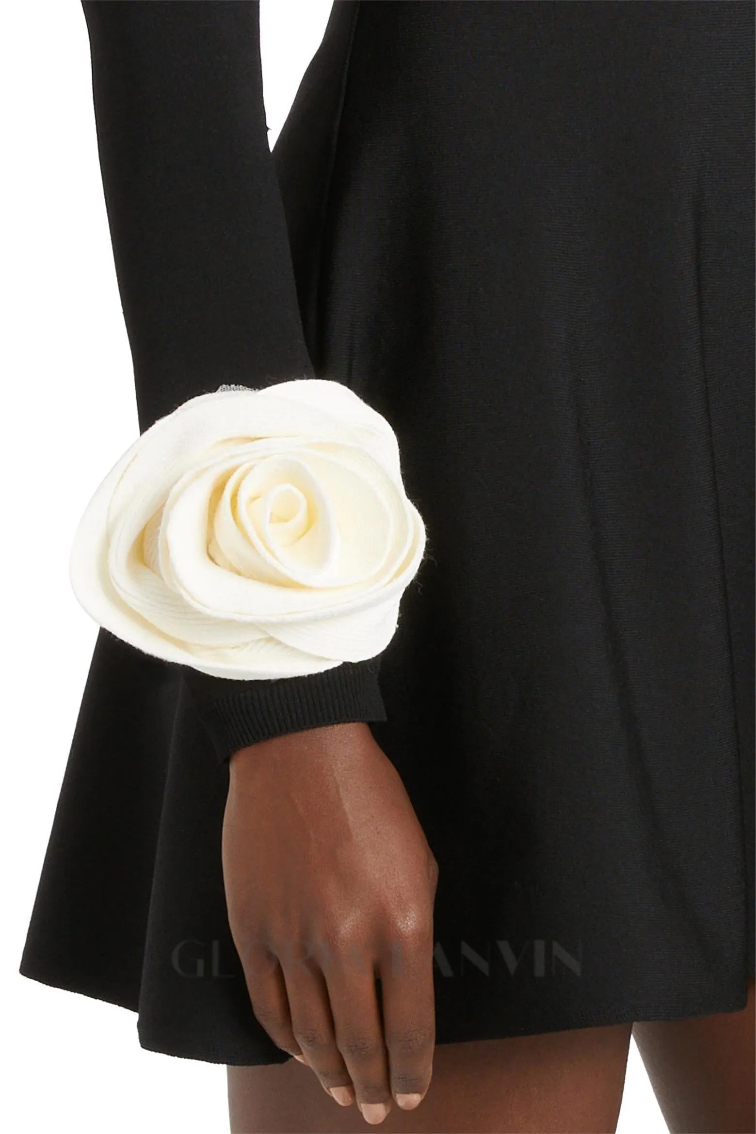 CHERYL 3D FLOWER ROUND NECK LONG SLEEVE BLACK MINI DRESS Gloria Lanvin