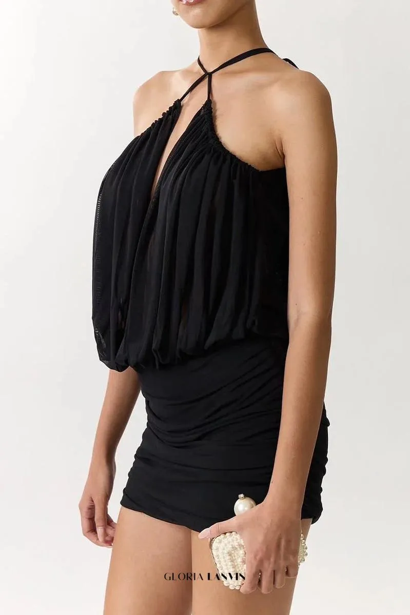 cheryl ruched halter bodycon mini dress in black Gloria Lanvin