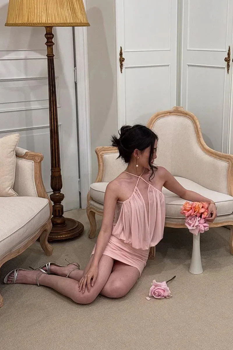 cheryl ruched halter bodycon mini dress in pink Gloria Lanvin
