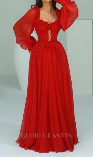 Chiffon 3D Flower Long Sleeve Midi Dress in red Gloria Lanvin