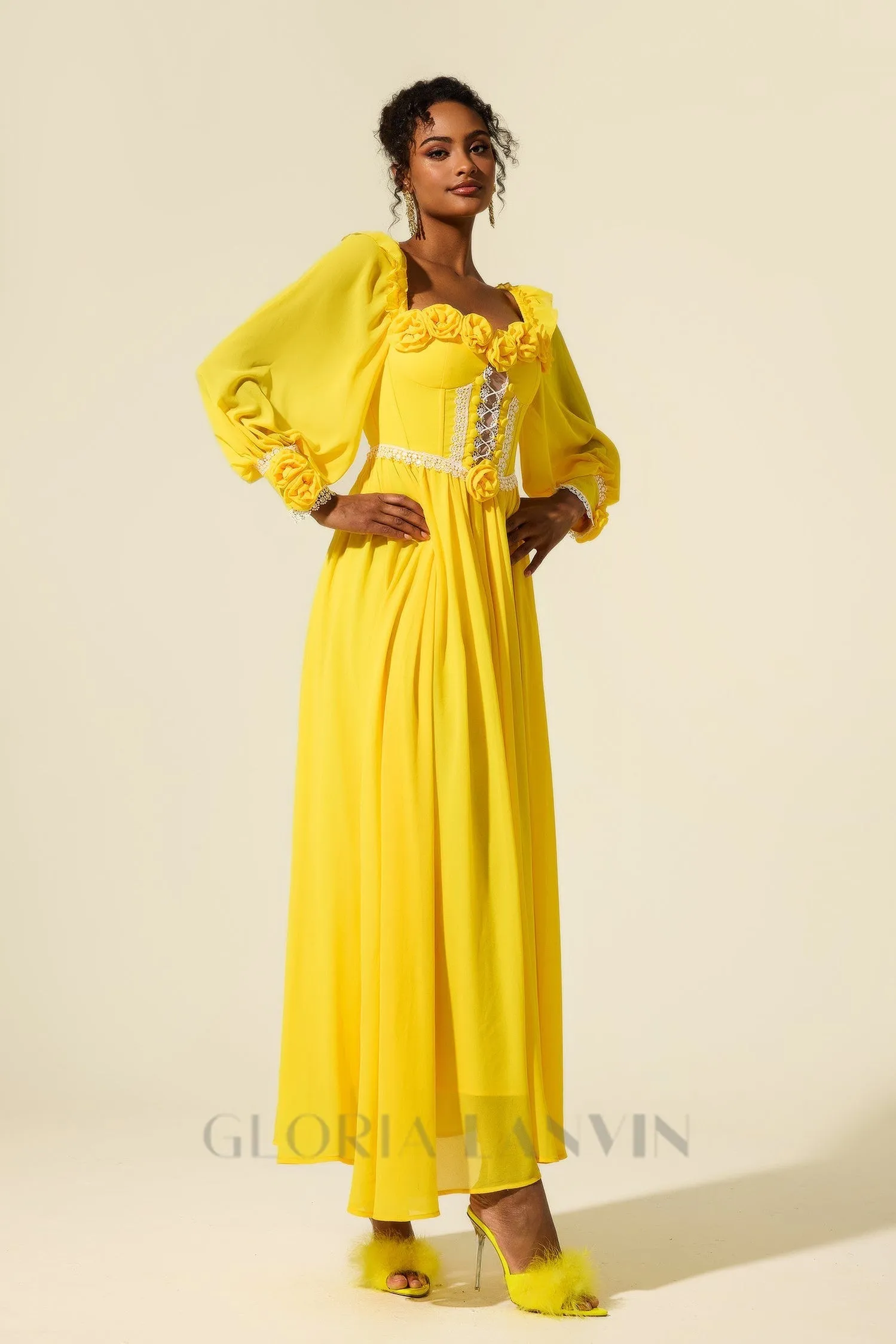 Chiffon 3D Flower Long Sleeve Midi Dress in yellow Gloria Lanvin