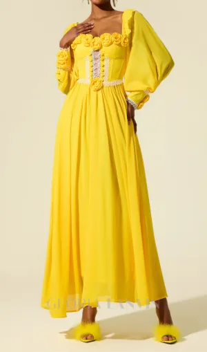 Chiffon 3D Flower Long Sleeve Midi Dress in yellow Gloria Lanvin