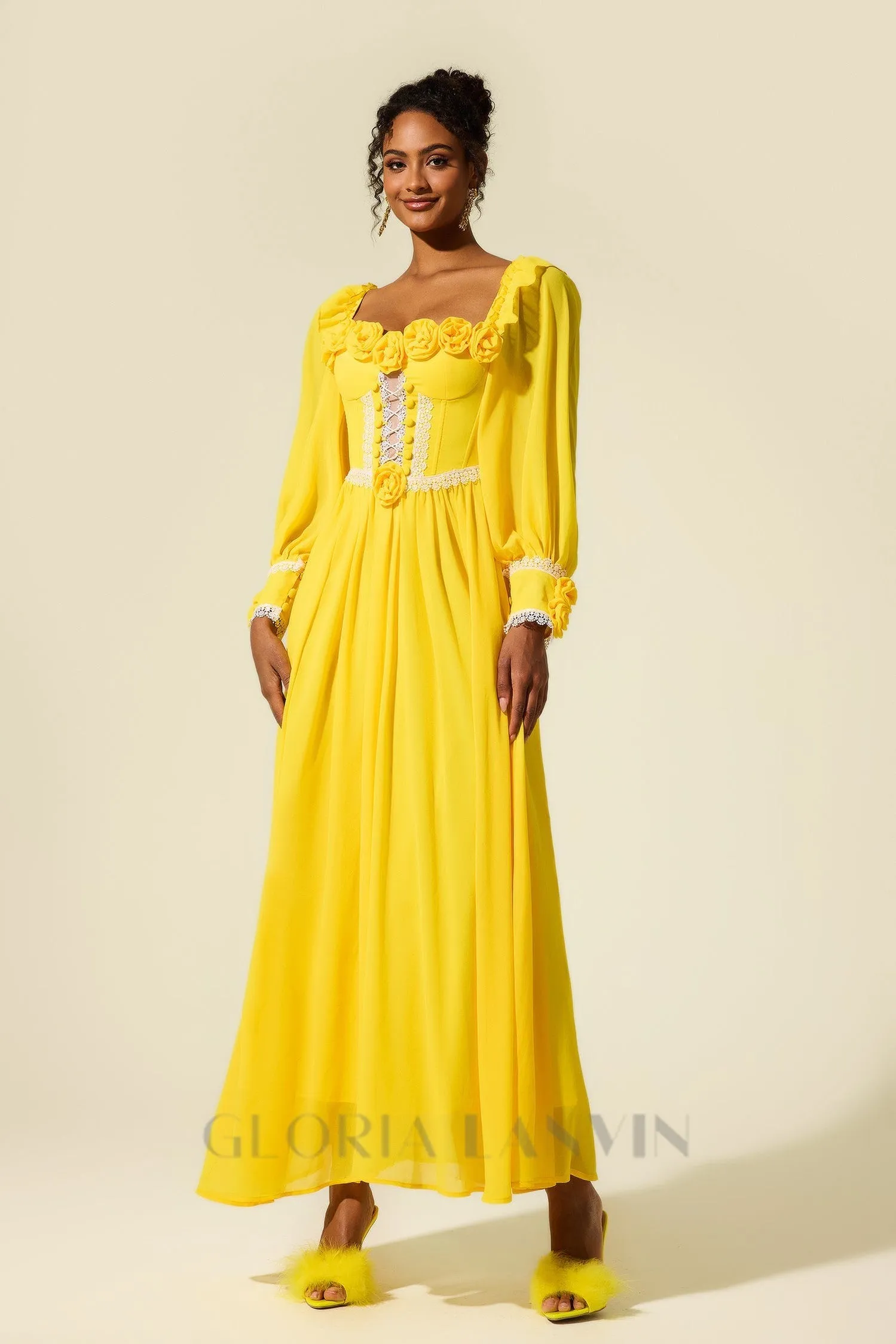 Chiffon 3D Flower Long Sleeve Midi Dress in yellow Gloria Lanvin