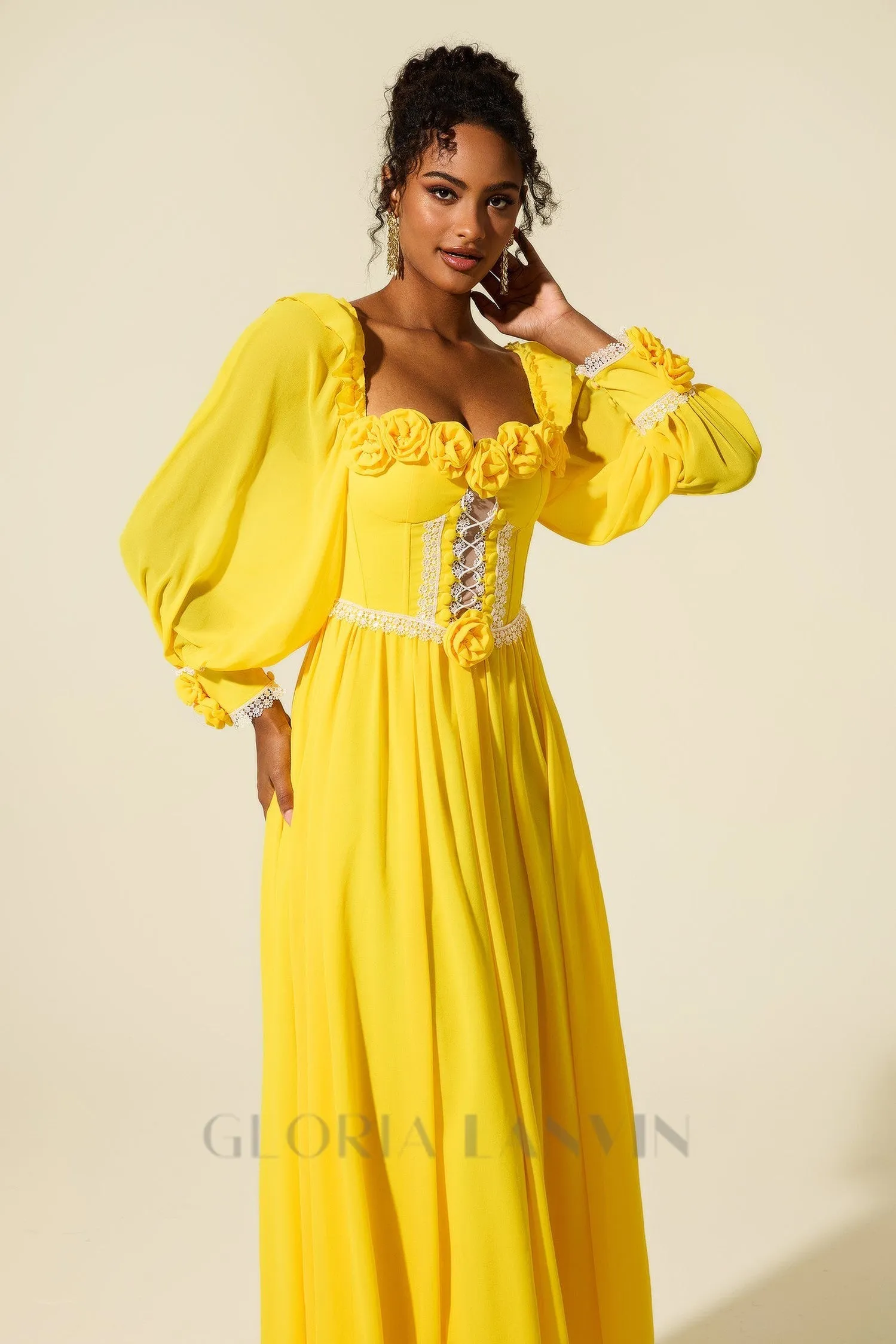 Chiffon 3D Flower Long Sleeve Midi Dress in yellow Gloria Lanvin