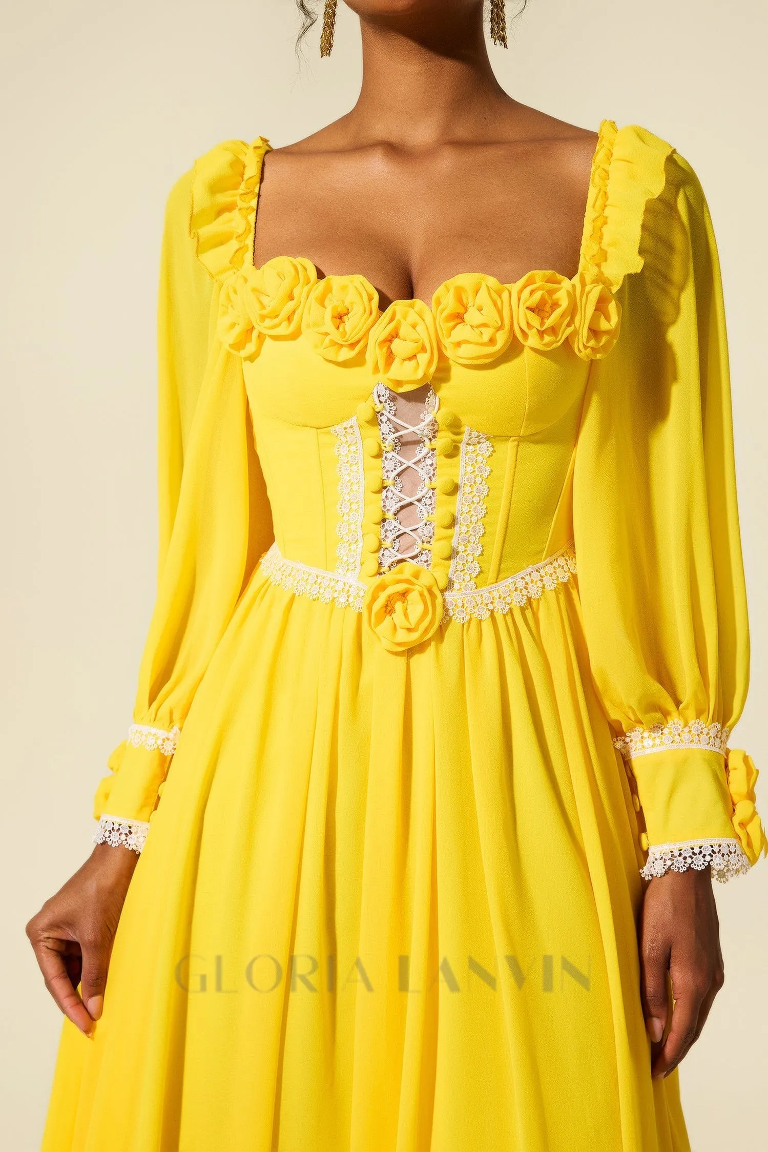 Chiffon 3D Flower Long Sleeve Midi Dress in yellow Gloria Lanvin