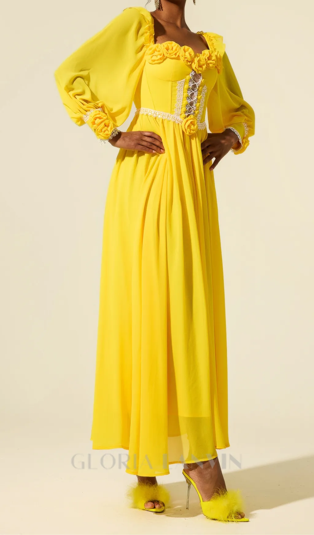 Chiffon 3D Flower Long Sleeve Midi Dress in yellow Gloria Lanvin