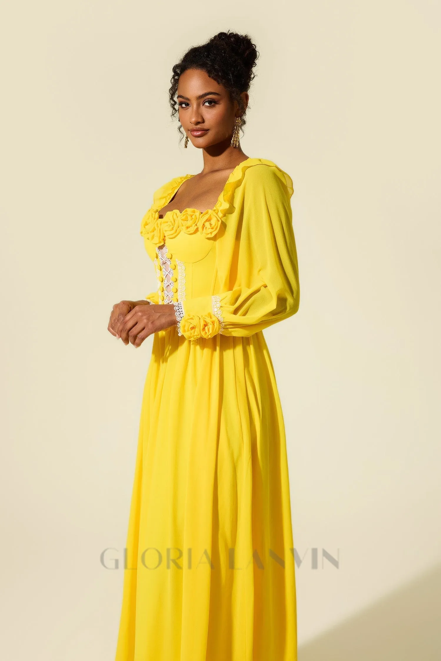 Chiffon 3D Flower Long Sleeve Midi Dress in yellow Gloria Lanvin