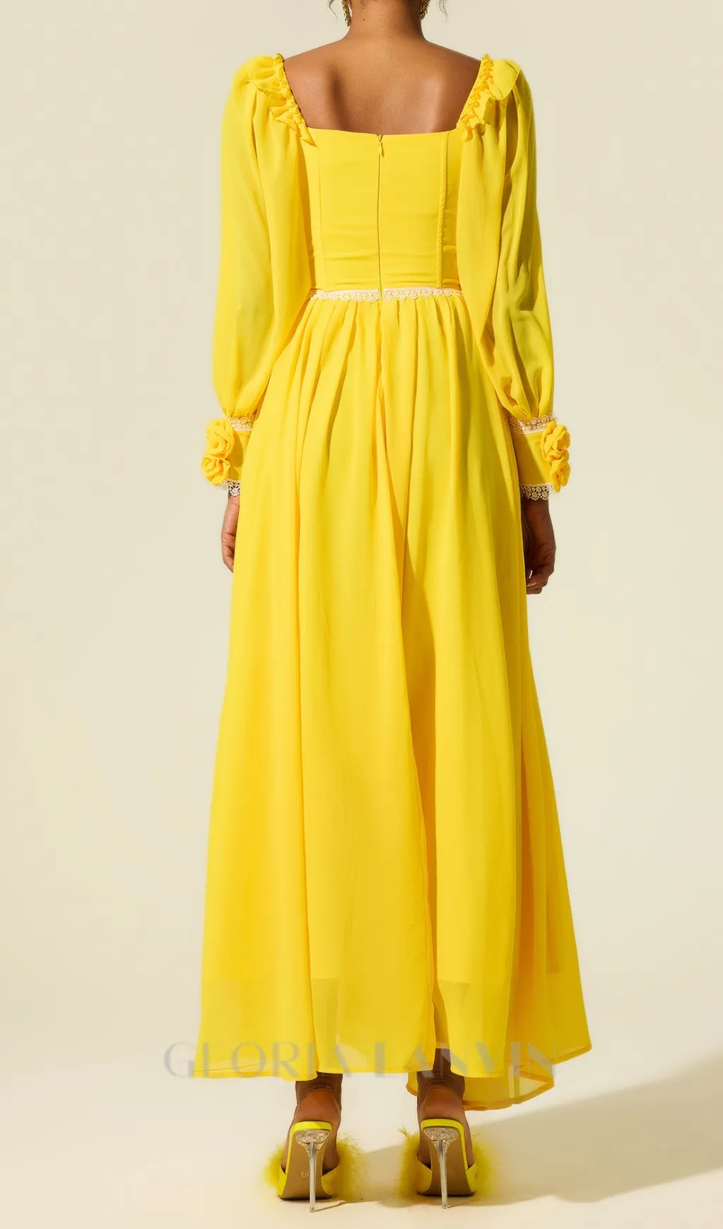 Chiffon 3D Flower Long Sleeve Midi Dress in yellow Gloria Lanvin