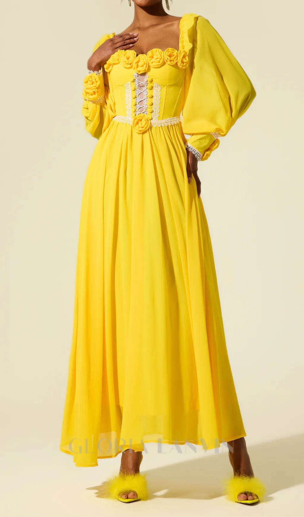 Chiffon 3D Flower Long Sleeve Midi Dress in yellow Gloria Lanvin