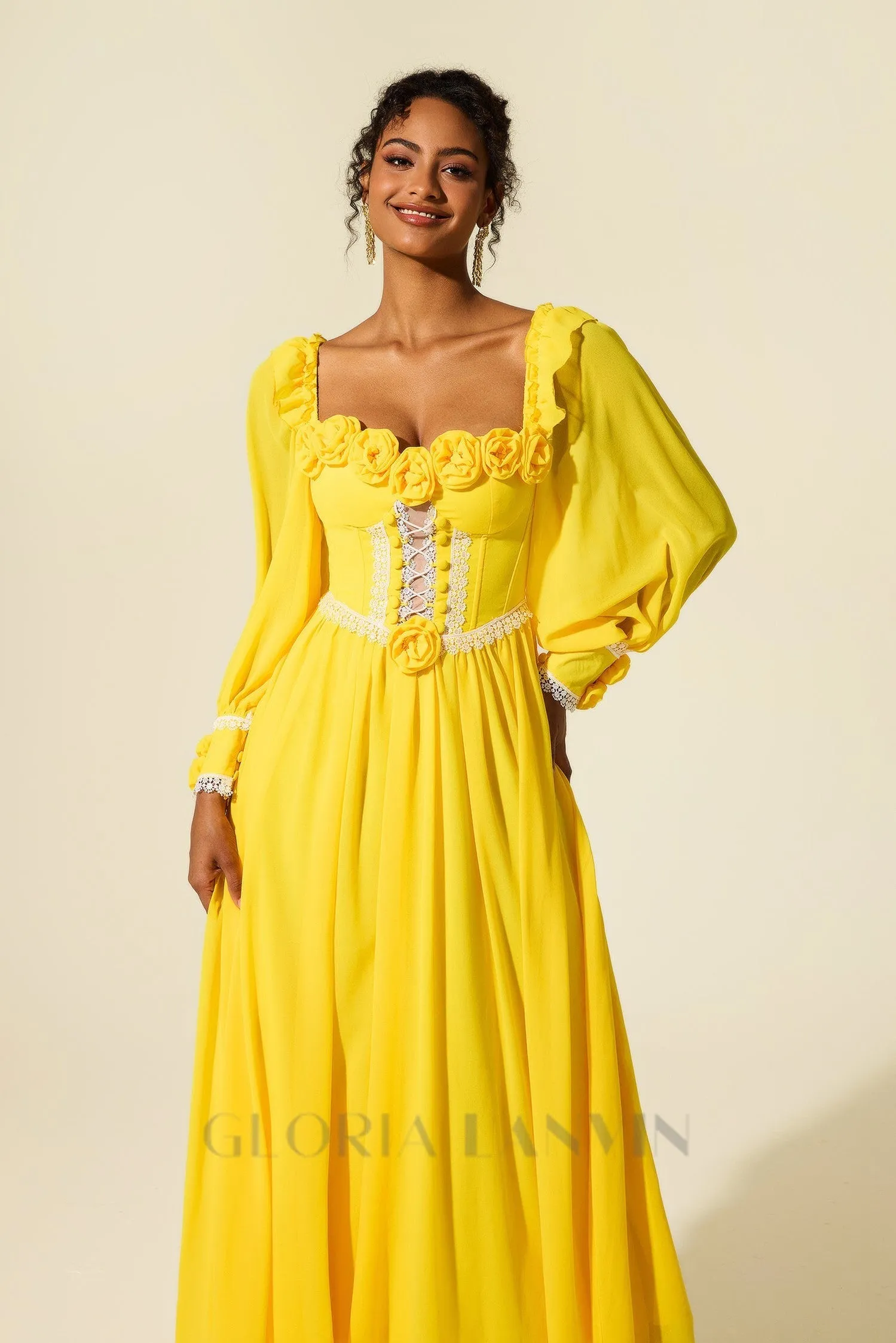 Chiffon 3D Flower Long Sleeve Midi Dress in yellow Gloria Lanvin