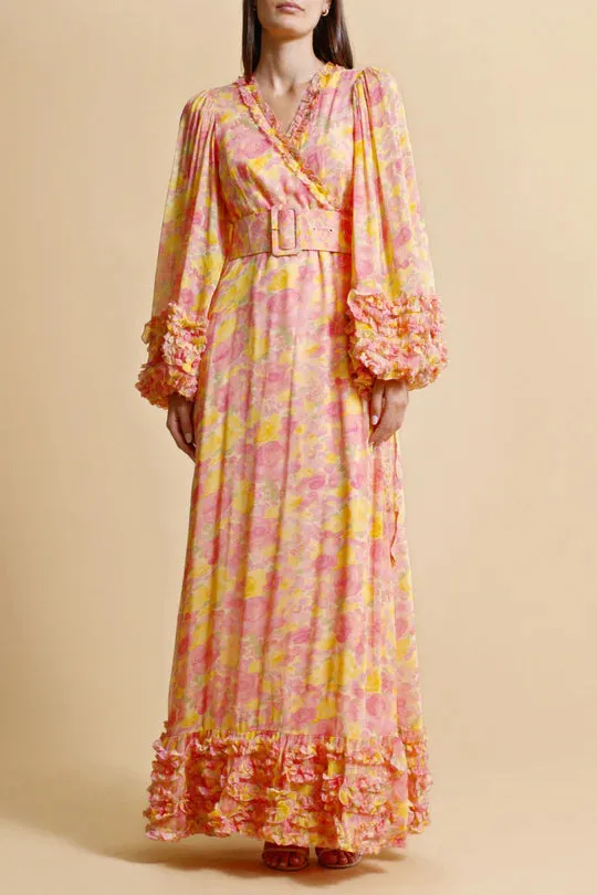 chiffon ruffled wrap maxi dress in orange Gloria Lanvin