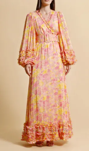 chiffon ruffled wrap maxi dress in orange Gloria Lanvin
