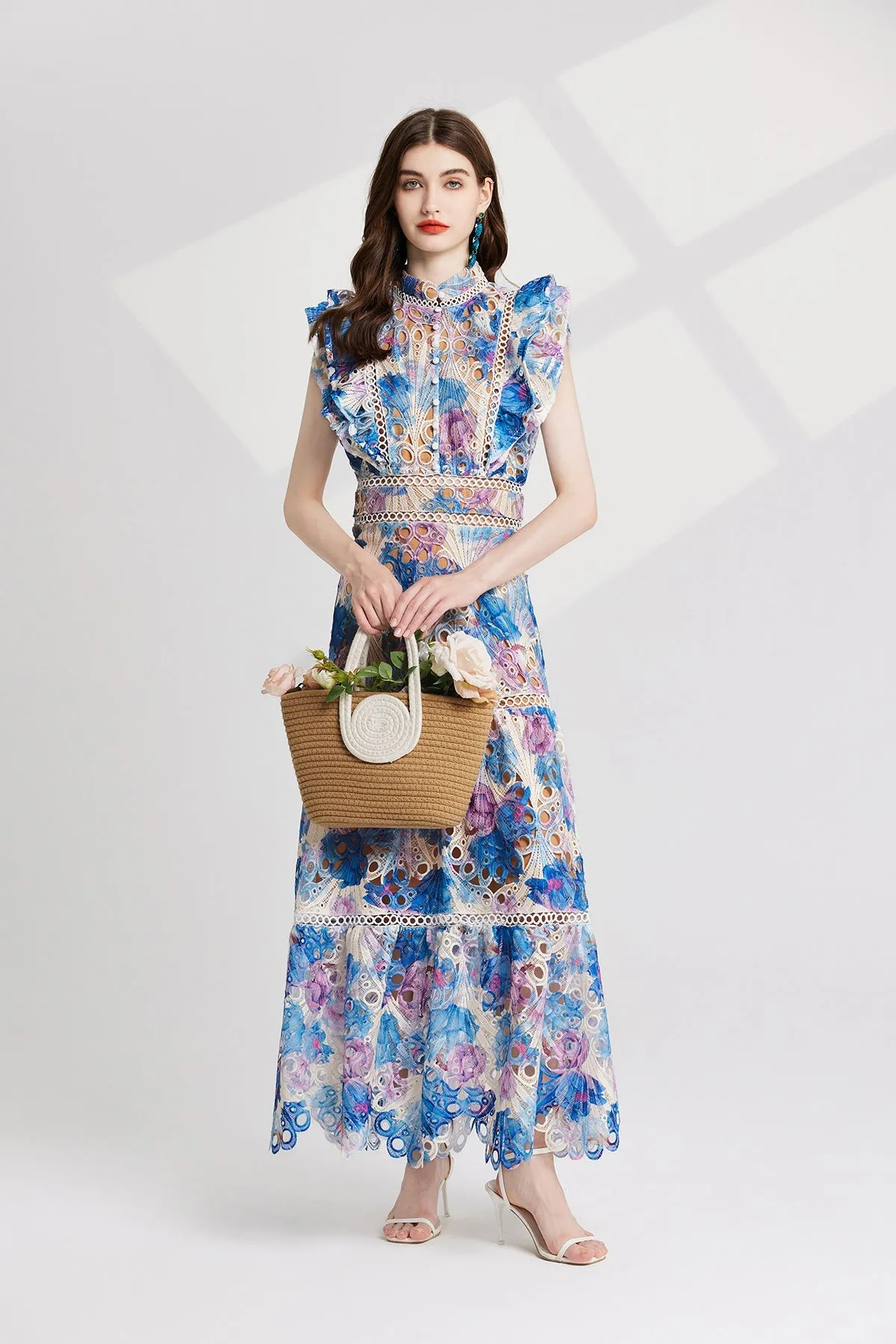 chloe hollow out flower embroidery maxi dress in blue Gloria Lanvin